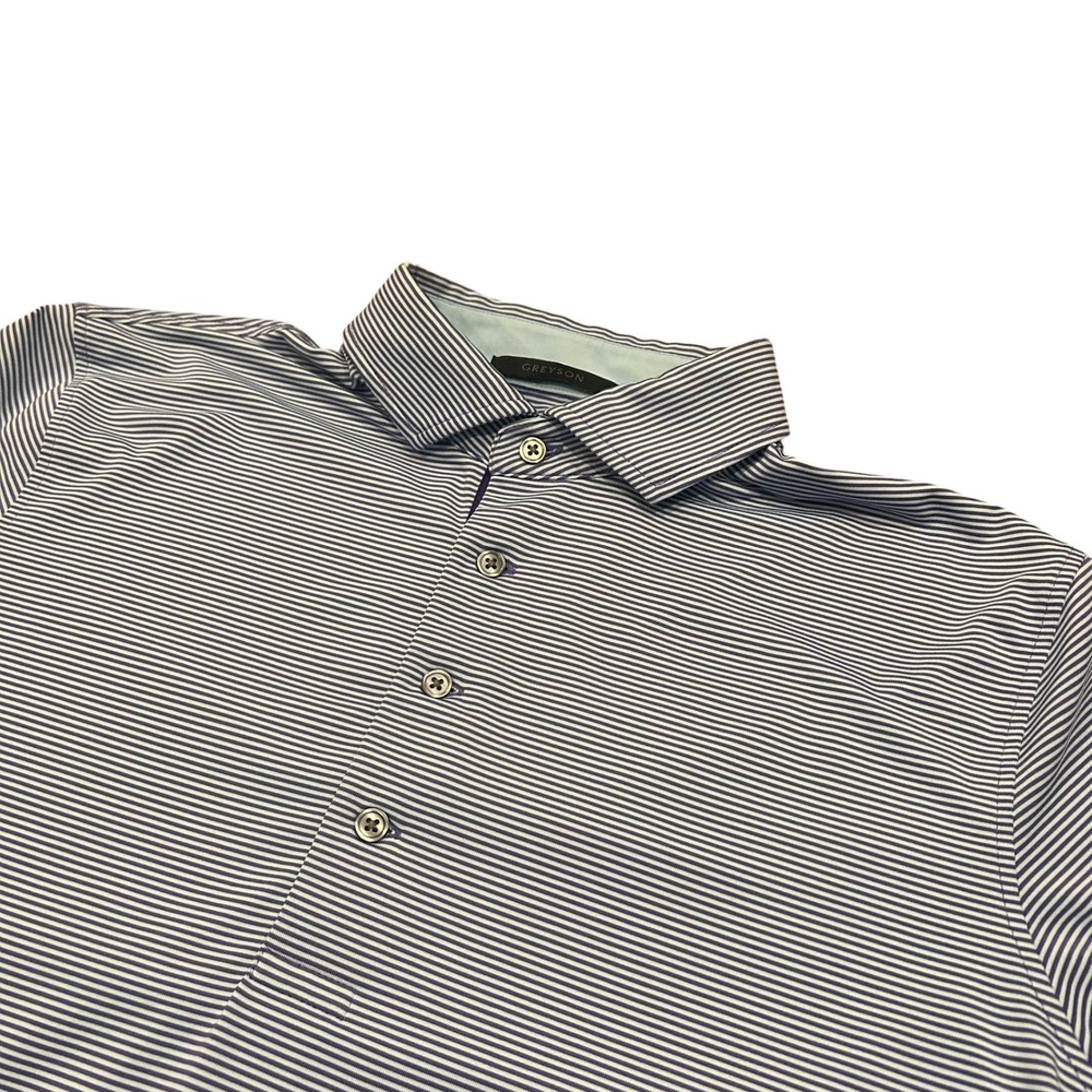 Greyson Mens Striped Polo Shirt Blue White Short Sleeve Wolf Logo Size M